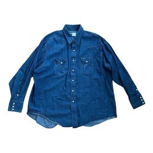 Vintage Wrangler Denim Shirt Size 19-36 Big Man's Fit X Long Tails Pearl Snap